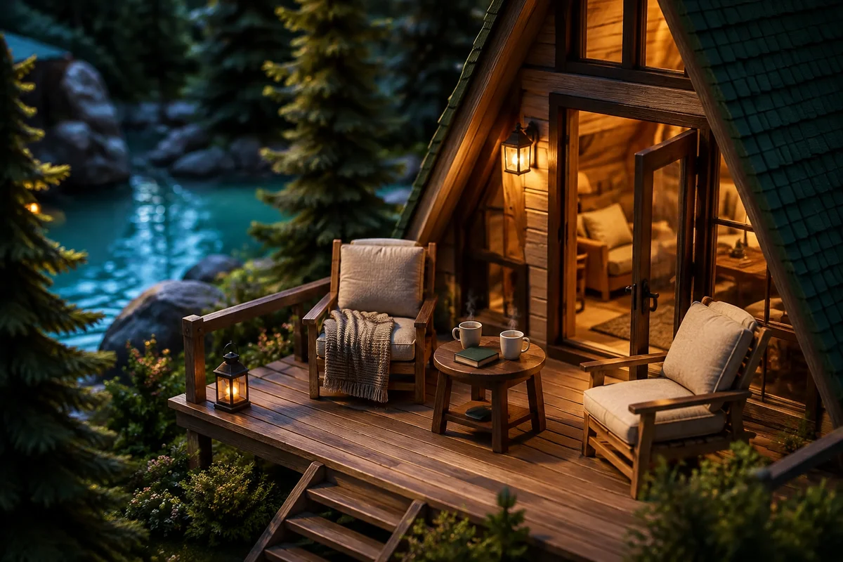 A miniature cabin porch at dusk, with two cushioned chairs, coffee on a small table and warm light through an open door