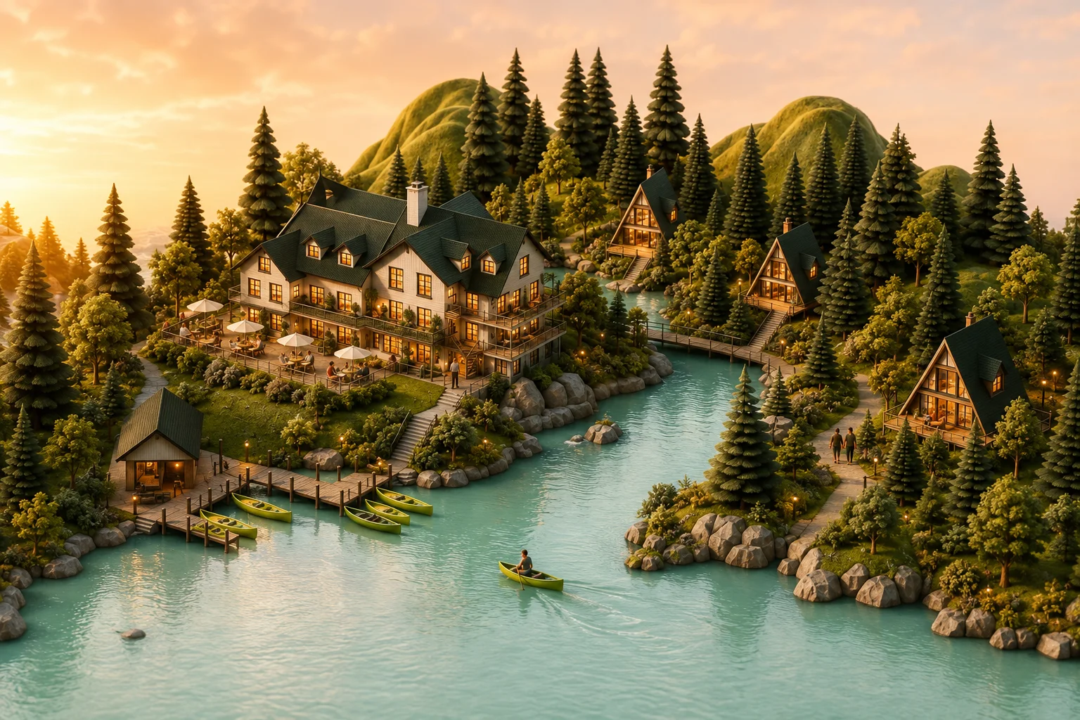 Miniature lakeside world at sunset, with guests dining on the inn terrace, a paddler on the water and glowing cabin windows