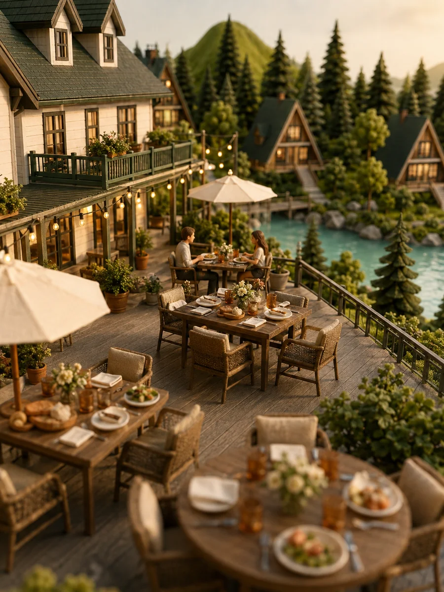 A close-up of the miniature inn’s waterfront terrace, with linen, ceramics and tables set for dinner in warm evening light